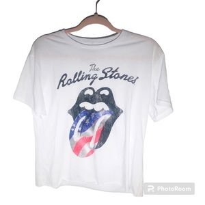 Rolling Stone spell out crop tee red, white blue flag lips logo